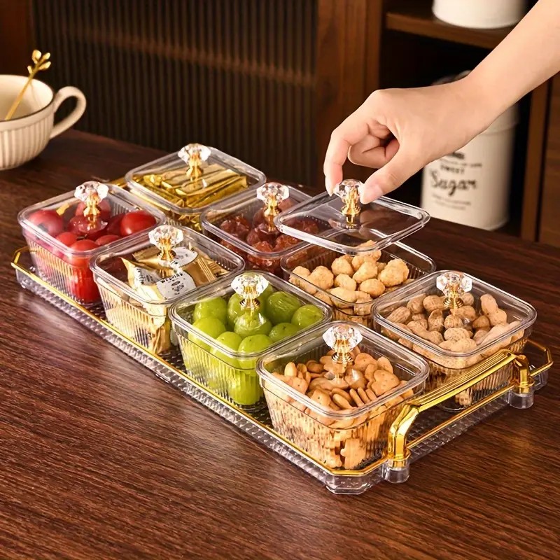 1-Piece 8-Compartment Snack Tray, BPA-Free Plastic Food-Grade Snack Organizer, Perfect for Nuts, Fruits, Candies, Potato Chips - Elegant Gold Decor for Home Entertainment, Party Snack Table Decoration, Party Snack Storage Box | Gold-Plated Tray - Image 1