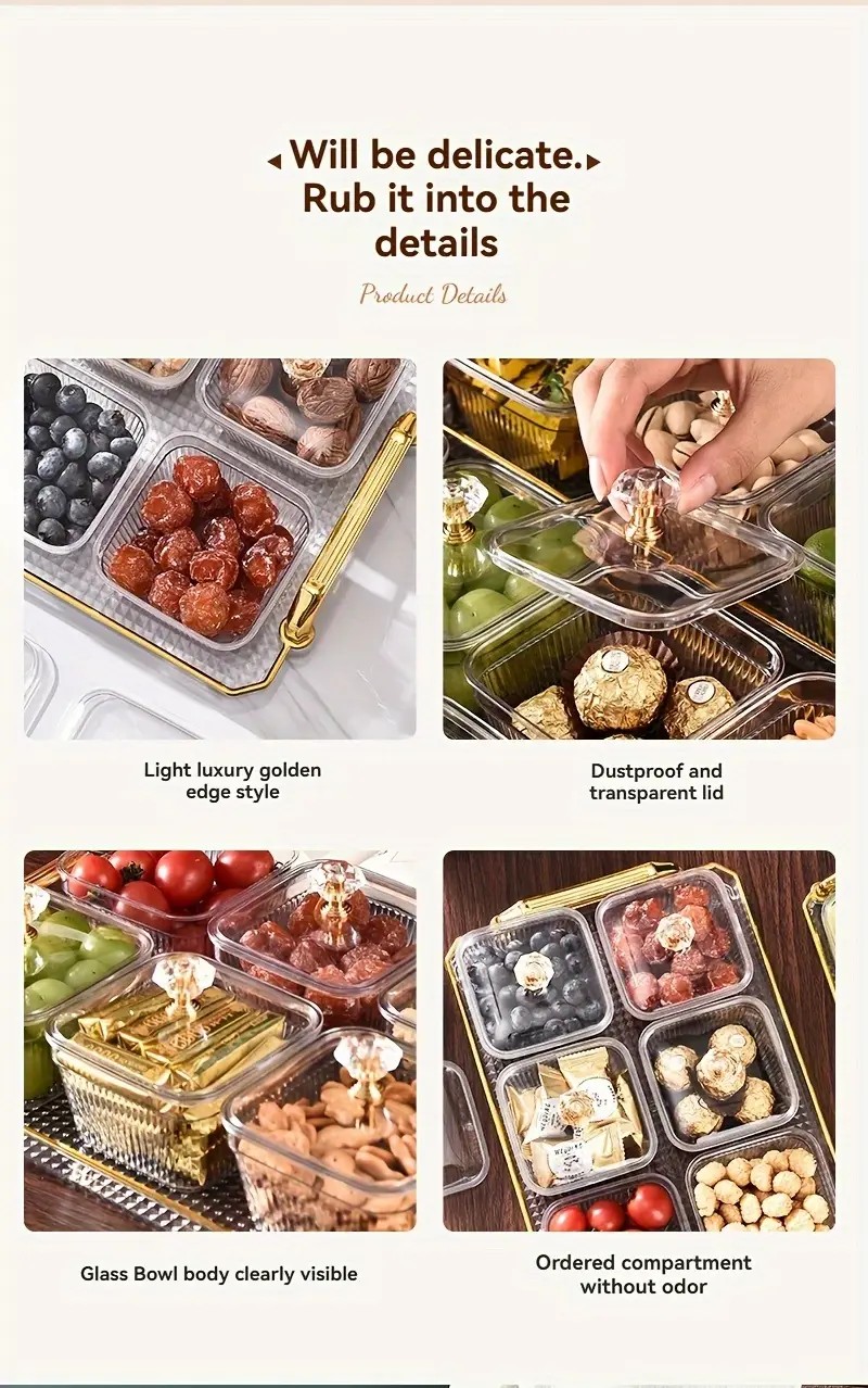 1-Piece 8-Compartment Snack Tray, BPA-Free Plastic Food-Grade Snack Organizer, Perfect for Nuts, Fruits, Candies, Potato Chips - Elegant Gold Decor for Home Entertainment, Party Snack Table Decoration, Party Snack Storage Box | Gold-Plated Tray - Image 8