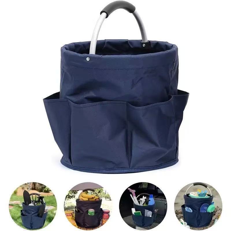 Premium Blue Gardening Storage Bag made of durable 600D Oxford cloth, features 6 deep side pockets for small hand tools, spray bottles, beverages, and more. Equipped with an aluminum alloy handle wrapped in EVA molding for enhanced comfort and longevity. - Image 1