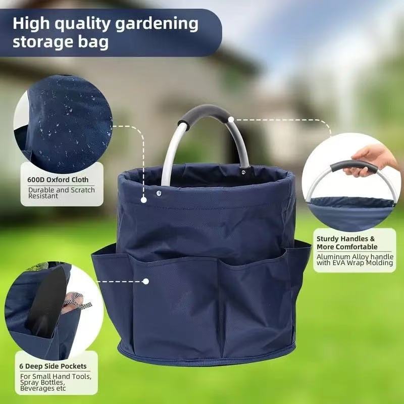 Premium Blue Gardening Storage Bag made of durable 600D Oxford cloth, features 6 deep side pockets for small hand tools, spray bottles, beverages, and more. Equipped with an aluminum alloy handle wrapped in EVA molding for enhanced comfort and longevity. - Image 2