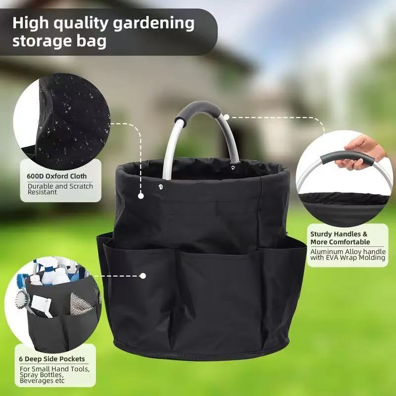 Premium Blue Gardening Storage Bag made of durable 600D Oxford cloth, features 6 deep side pockets for small hand tools, spray bottles, beverages, and more. Equipped with an aluminum alloy handle wrapped in EVA molding for enhanced comfort and longevity. - Image 6