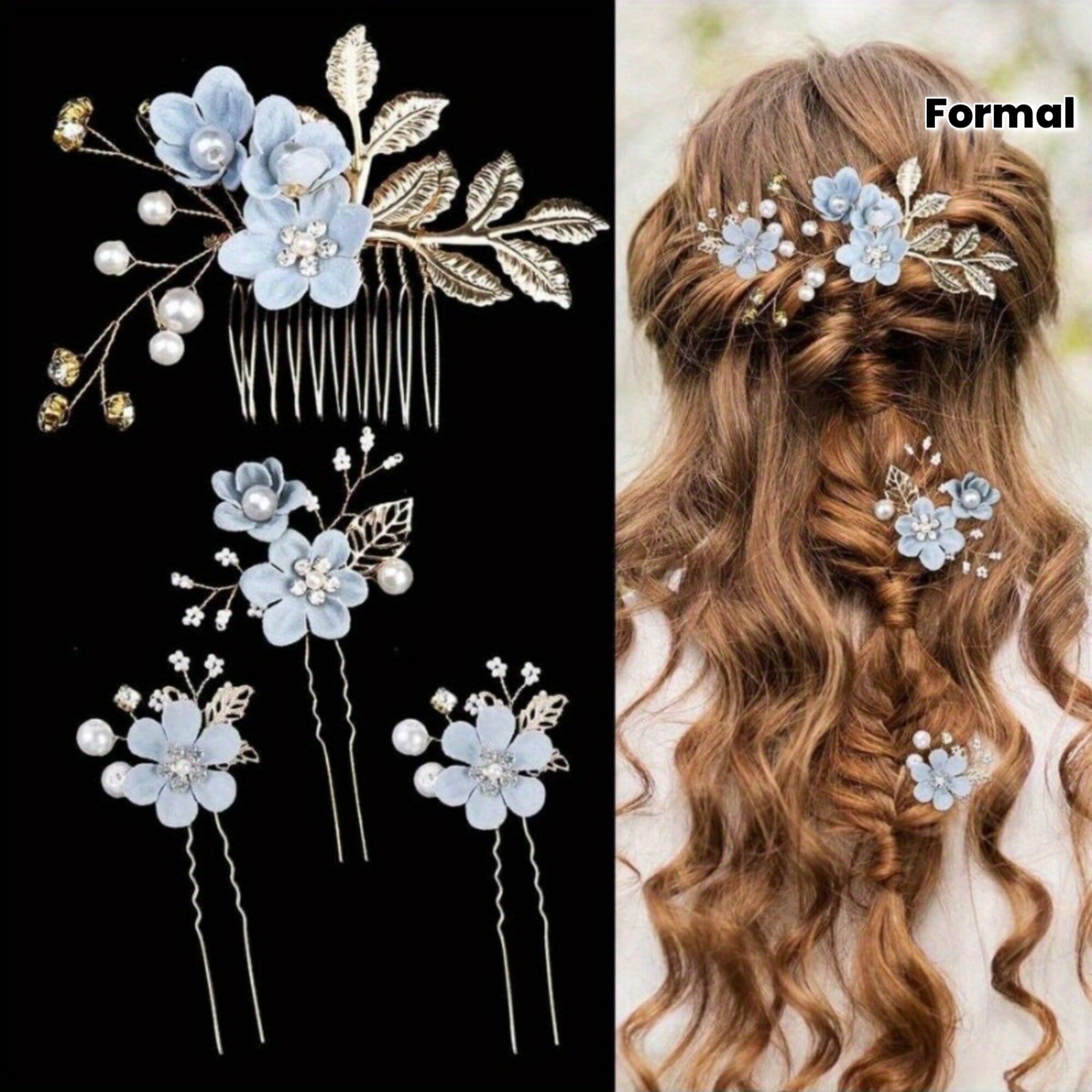 BLUE  4-Piece Elegant Light Luxury Pearl Flower Hair Accessories Set, Bridal Wedding Hairpin and Hairpin Headdress Set, Bridesmaid Gift Banquet Ornament Set for Women's Hairpin - Image 4