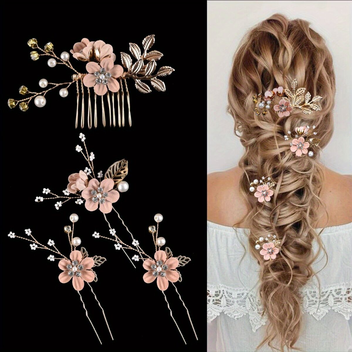 PINK 4-Piece Elegant Light Luxury Pearl Flower Hair Accessories Set, Bridal Wedding Hairpin and Hairpin Headdress Set, Bridesmaid Gift Banquet Ornament Set for Women's Hairpin - Image 1