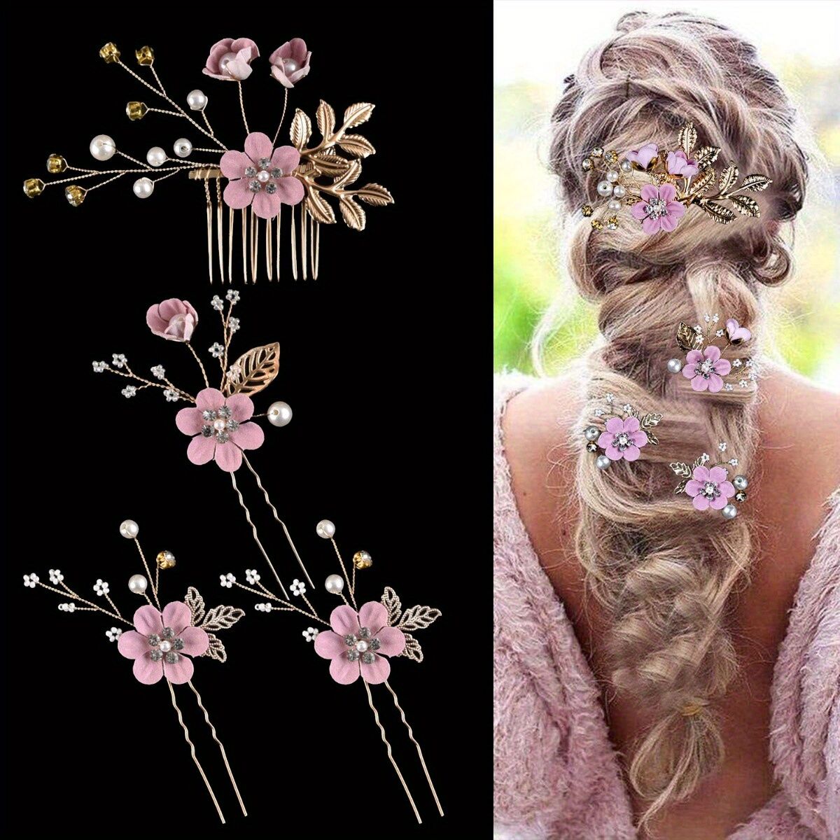 Purple 4-Piece Elegant Light Luxury Pearl Flower Hair Accessories Set, Bridal Wedding Hairpin and Hairpin Headdress Set, Bridesmaid Gift Banquet Ornament Set for Women's Hairpin - Image 1