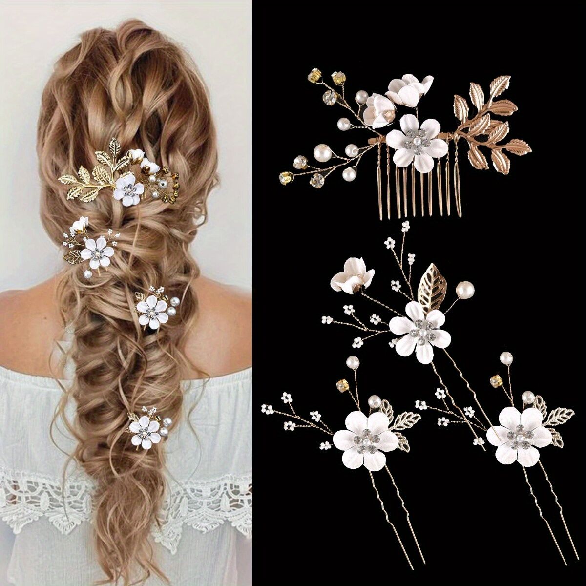 Purple 4-Piece Elegant Light Luxury Pearl Flower Hair Accessories Set, Bridal Wedding Hairpin and Hairpin Headdress Set, Bridesmaid Gift Banquet Ornament Set for Women's Hairpin - Image 6