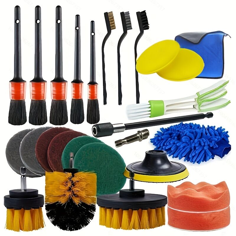 26-piece full function car detailing kit with drill brush and wheel cleaner - Heavy-duty manual and drill-powered cleaning set, color-coded brushes for paint restoration, glass, metal, plastic surfaces - Car washing, polishing, protection - Suitable for h - Image 1