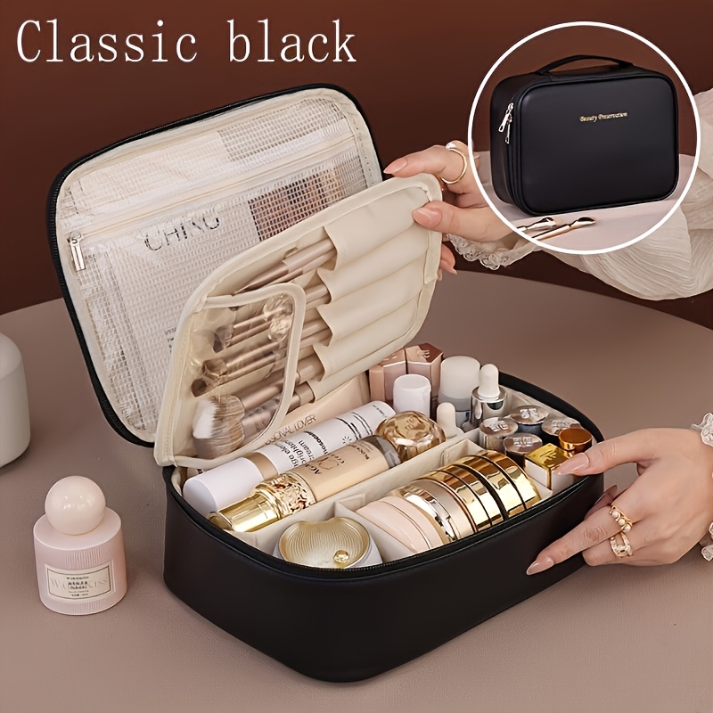 High-capacity multi-layer travel makeup organizer, featuring removable compartments and a brush holder—a portable beauty case, elegantly painted storage box, designed as a standalone unit, no assembly required.（BLACK） - Image 1