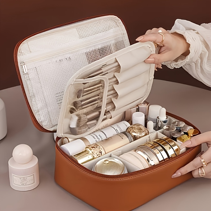 High-capacity multi-layer travel makeup organizer, featuring removable compartments and a brush holder—a portable beauty case, elegantly painted storage box, designed as a standalone unit, no assembly required.（mocha brown） - Image 1