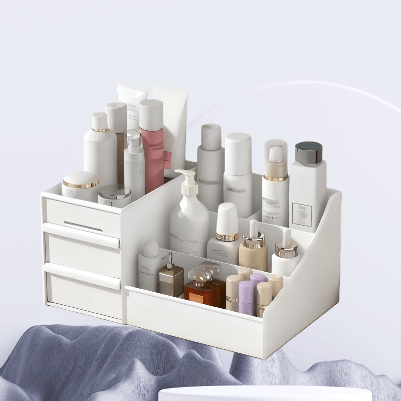 White Multi-Compartment Large-Capacity Desktop Storage Box Keeps vanity tables and desks neat and organized—lipsticks, masks, makeup brushes all stored in one box. Easy access, seamlessly fits into various settings. - Image 1