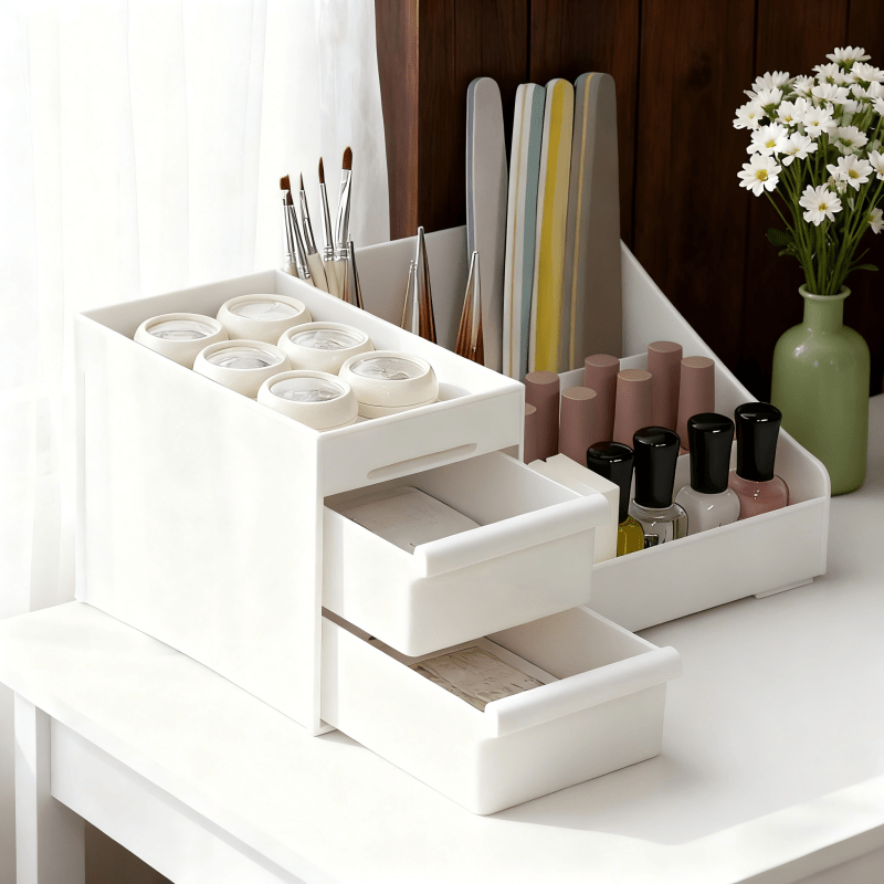 White Multi-Compartment Large-Capacity Desktop Storage Box Keeps vanity tables and desks neat and organized—lipsticks, masks, makeup brushes all stored in one box. Easy access, seamlessly fits into various settings. - Image 2