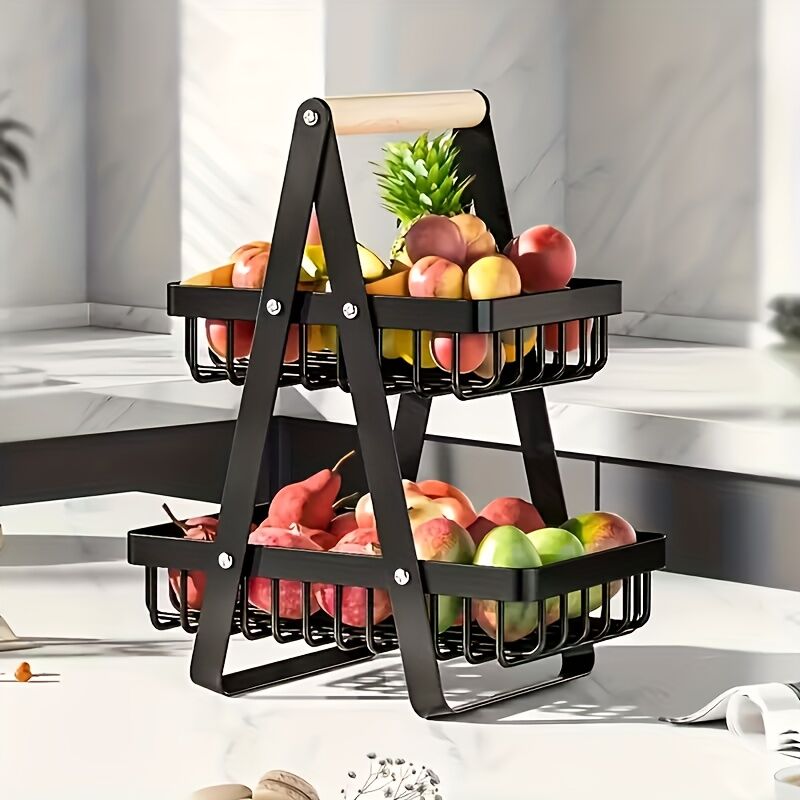 Heavy-Duty Metal Fruit Storage Basket (2-Layer Removable Divider) – Space-Saving Organizer for Kitchen, Refrigerator, Pantry & Dining Table – Sturdy Rectangular Design, Modern Kitchenware | Durable Structure - Image 1