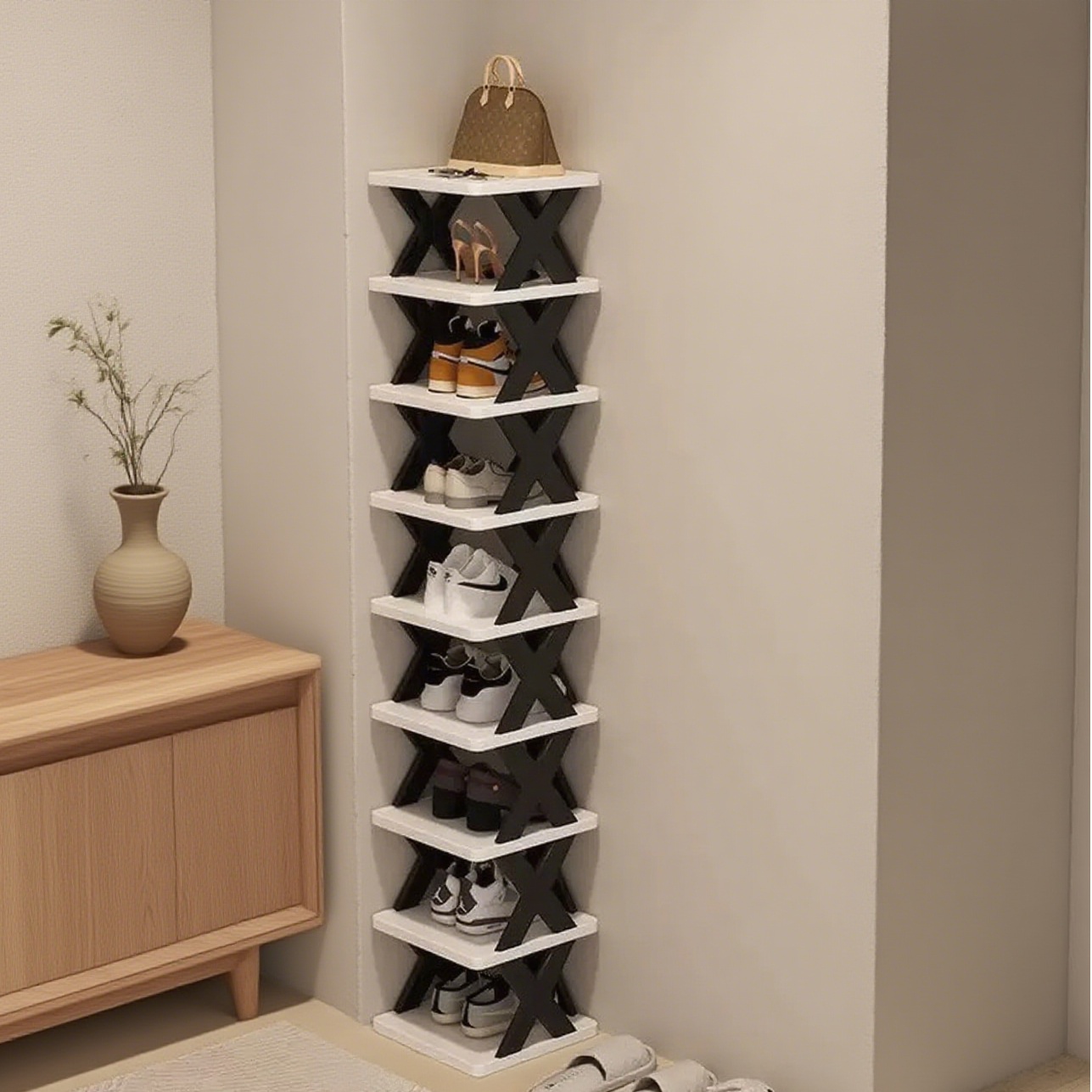 9-Tier Foldable White/Black Shoe Rack, space-saving vertical design for entry halls, living rooms, bedrooms, closets, balconies—an essential organizing storage shelf for college dormitories. - Image 1