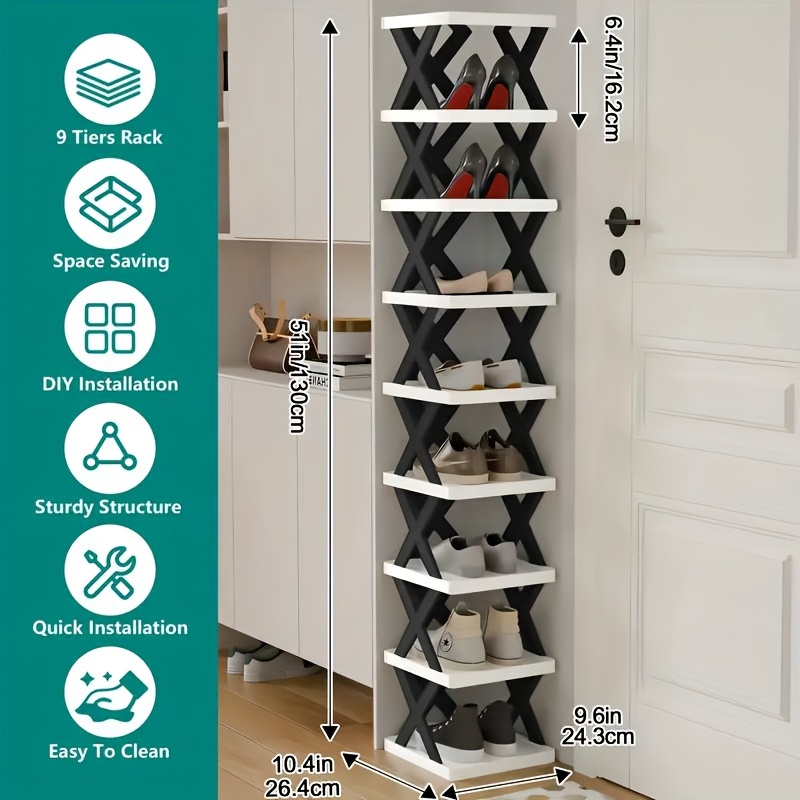 9-Tier Foldable White/Black Shoe Rack, space-saving vertical design for entry halls, living rooms, bedrooms, closets, balconies—an essential organizing storage shelf for college dormitories. - Image 6