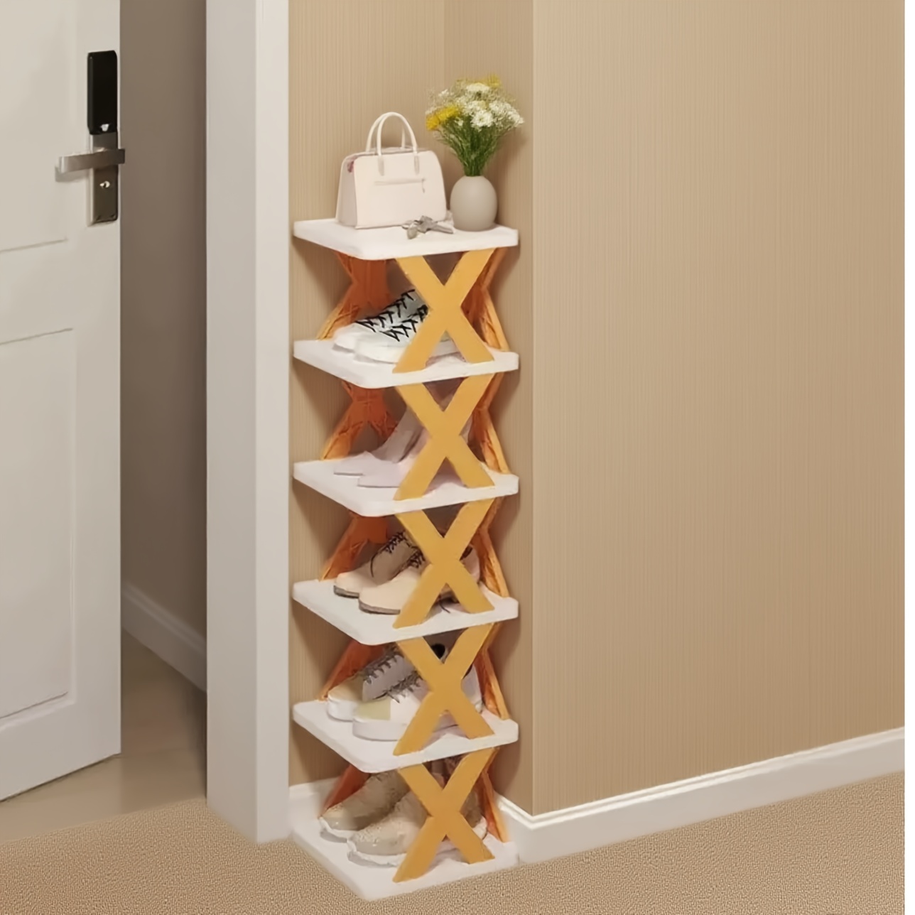 6-Tier Foldable White/Orange Shoe Rack, space-saving vertical design for entry halls, living rooms, bedrooms, closets, balconies—an essential organizing storage shelf for college dormitories. - Image 1