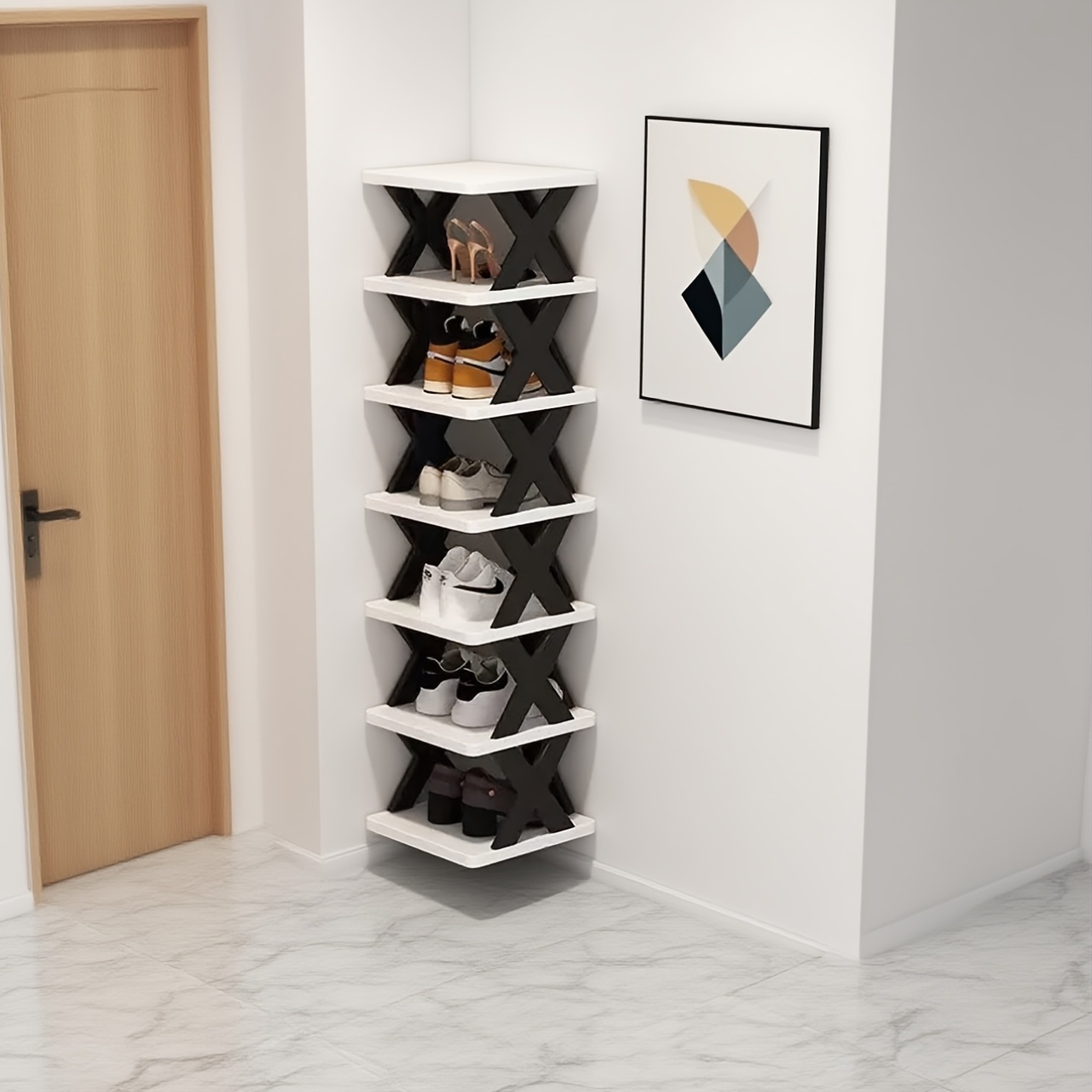 6-Tier Foldable White/Orange Shoe Rack, space-saving vertical design for entry halls, living rooms, bedrooms, closets, balconies—an essential organizing storage shelf for college dormitories. - Image 8