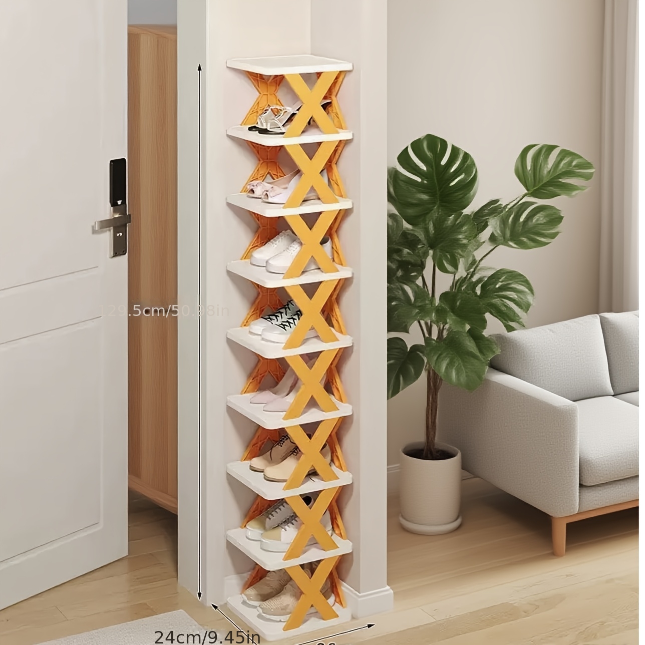 9-Tier Foldable White/Orange Shoe Rack, space-saving vertical design for entry halls, living rooms, bedrooms, closets, balconies—an essential organizing storage shelf for college dormitories. - Image 1