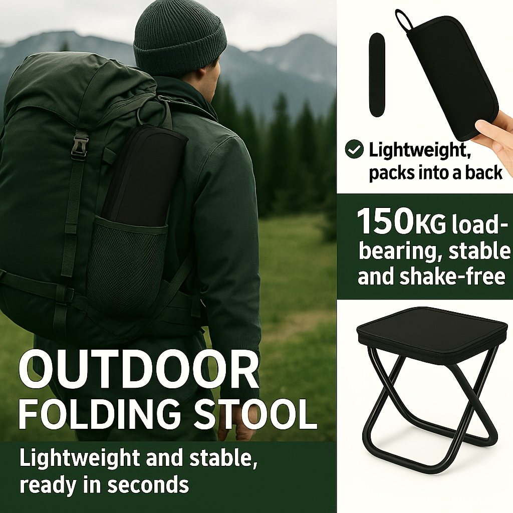 Outdoor One-Second Quick-Open Lightweight Folding Stool | 150KG High Load-Bearing | Portable Camping Chair, Picnic & Fishing Seat | Sturdy & Stable, Packable into Backpack | Essential for Travel - Image 1
