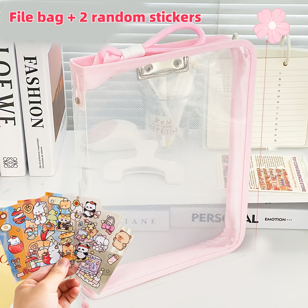 Macaron Candy Student File Bag + PET Animal Stickers - Hand-Carry Large Capacity Waterproof A4 Zipper Transparent Exam Paper & Textbook Storage Bag, Folder（blue） - Image 2