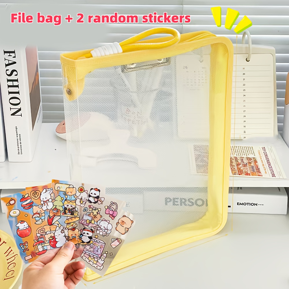 Macaron Candy Student File Bag + PET Animal Stickers - Hand-Carry Large Capacity Waterproof A4 Zipper Transparent Exam Paper & Textbook Storage Bag, Folder（yellow） - Image 1