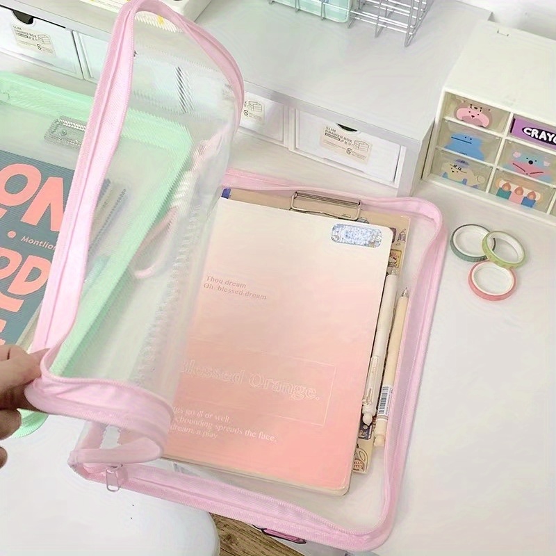 Macaron Candy Student File Bag + PET Animal Stickers - Hand-Carry Large Capacity Waterproof A4 Zipper Transparent Exam Paper & Textbook Storage Bag, Folder（yellow） - Image 7