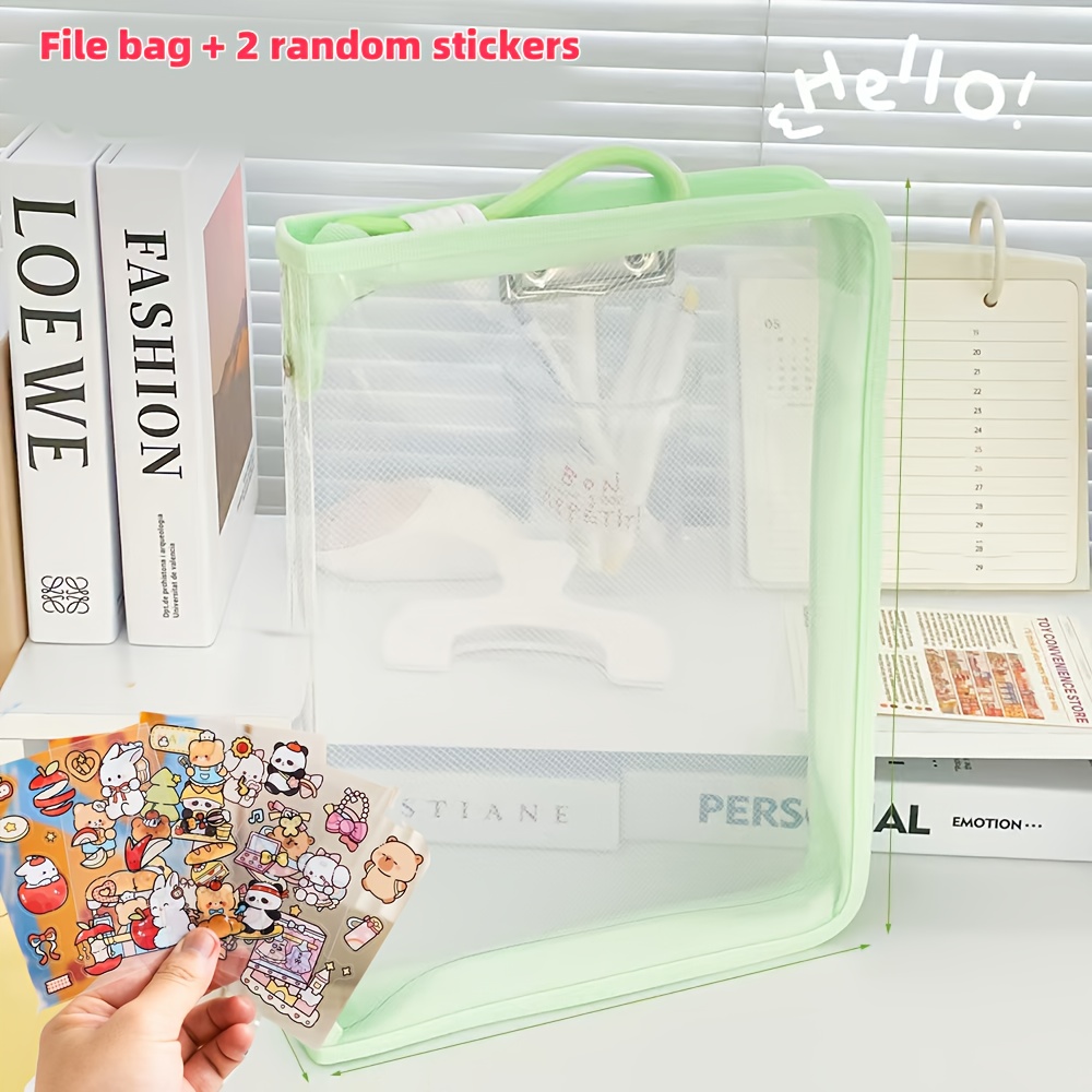 Macaron Candy Student File Bag + PET Animal Stickers - Hand-Carry Large Capacity Waterproof A4 Zipper Transparent Exam Paper & Textbook Storage Bag, Folder（green） - Image 1