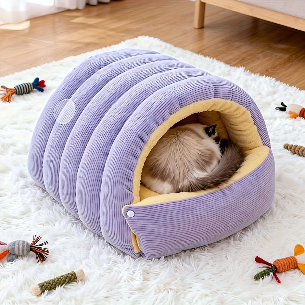 High-Elasticity Warm Cat Bed: 57×37×28cm Wrapped Design, Striped Fleece + Arctic Fleece Heat Retention, Removable & Washable（light purple） - Image 1