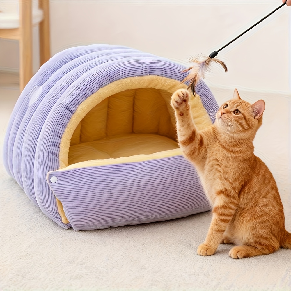 High-Elasticity Warm Cat Bed: 45×30×19cm Wrapped Design, Striped Fleece + Arctic Fleece Heat Retention, Removable & Washable（light purple） - Image 1