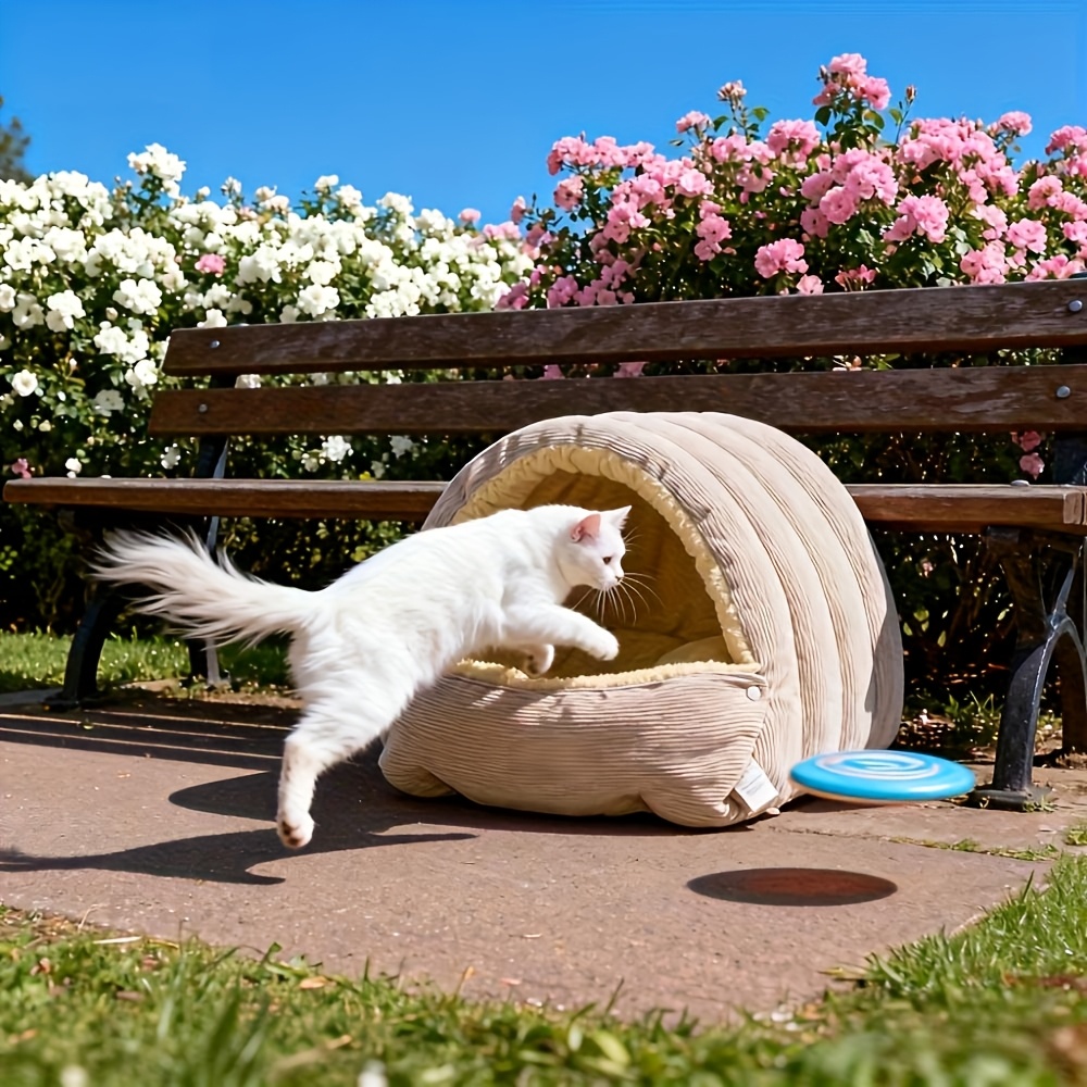 High-Elasticity Warm Cat Bed: 45×30×19cm Wrapped Design, Striped Fleece + Arctic Fleece Heat Retention, Removable & Washable（light purple） - Image 5