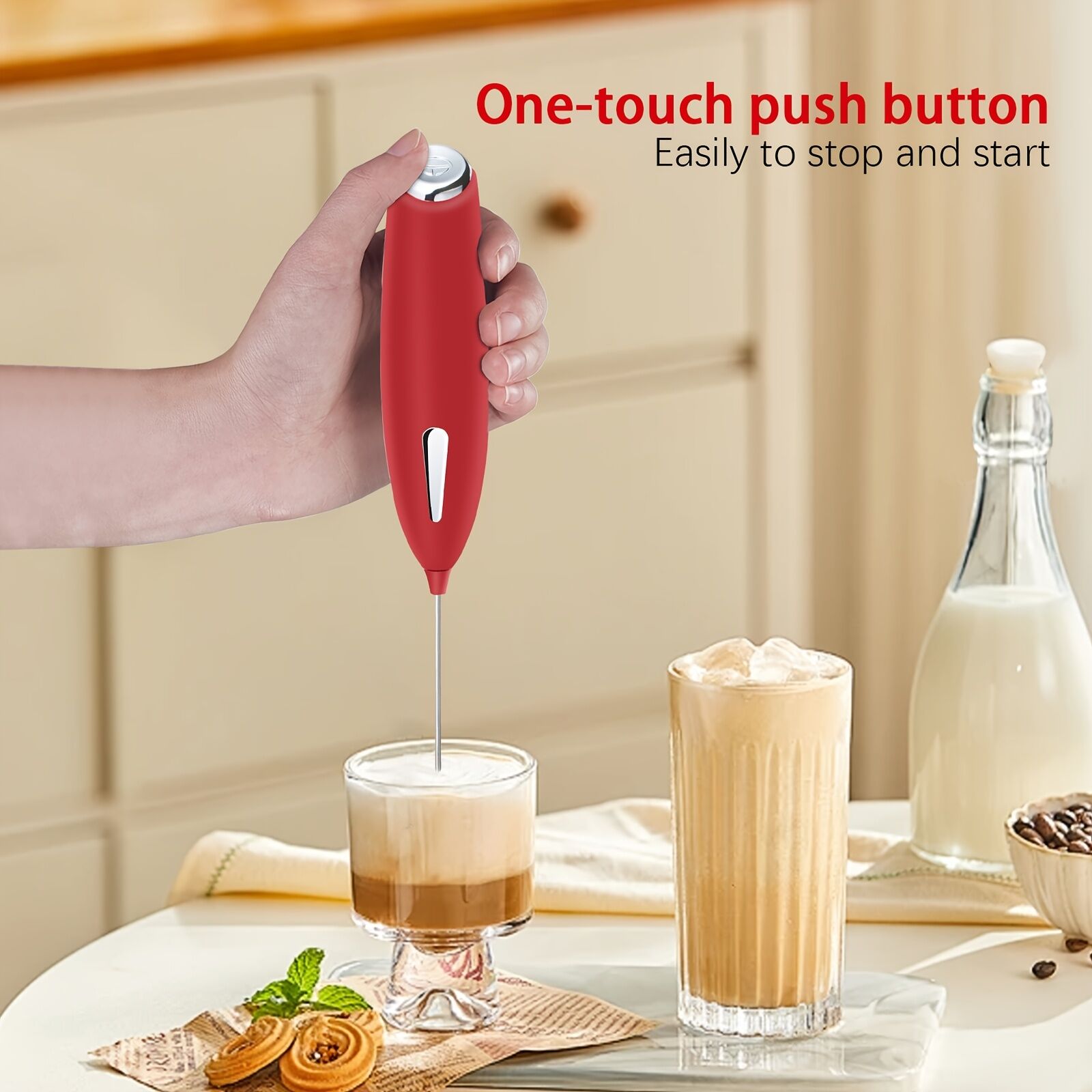 **Handheld Electric Frother | 10000 RPM Powerful Motor, One-Touch Start/Stop, Easily Froths, Mixes, and Blends – Your Kitchen Drink Essential Helper**RED - Image 1