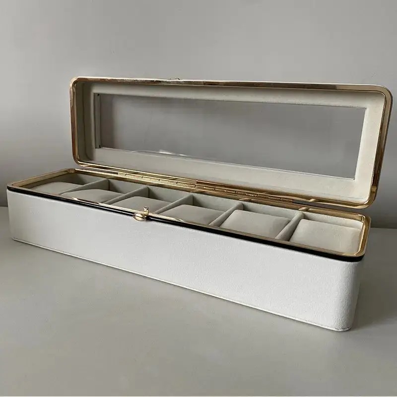 Luxury transparent-lid watch box with 6 fabric-lined compartments, portable and shockproof design, suitable for both men and women. Ideal for home, travel, or gifting—a refined storage solution for fine watches and jewelry. (White) - Image 1