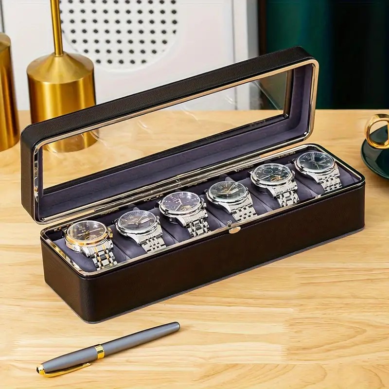 Luxury transparent-lid watch box with 6 fabric-lined compartments, portable and shockproof design, suitable for both men and women. Ideal for home, travel, or gifting—a refined storage solution for fine watches and jewelry. (Black) - Image 1