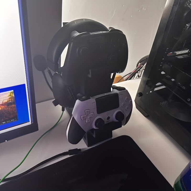 black 3-in-1 PS5 and Xbox Controller Stand – Compatible with PlayStation 5/Xbox Consoles. A gaming desktop organizer with a headphone hanger, non-charging base that holds 2 controllers and headphones. Space-saving white/black console accessory. - Image 4