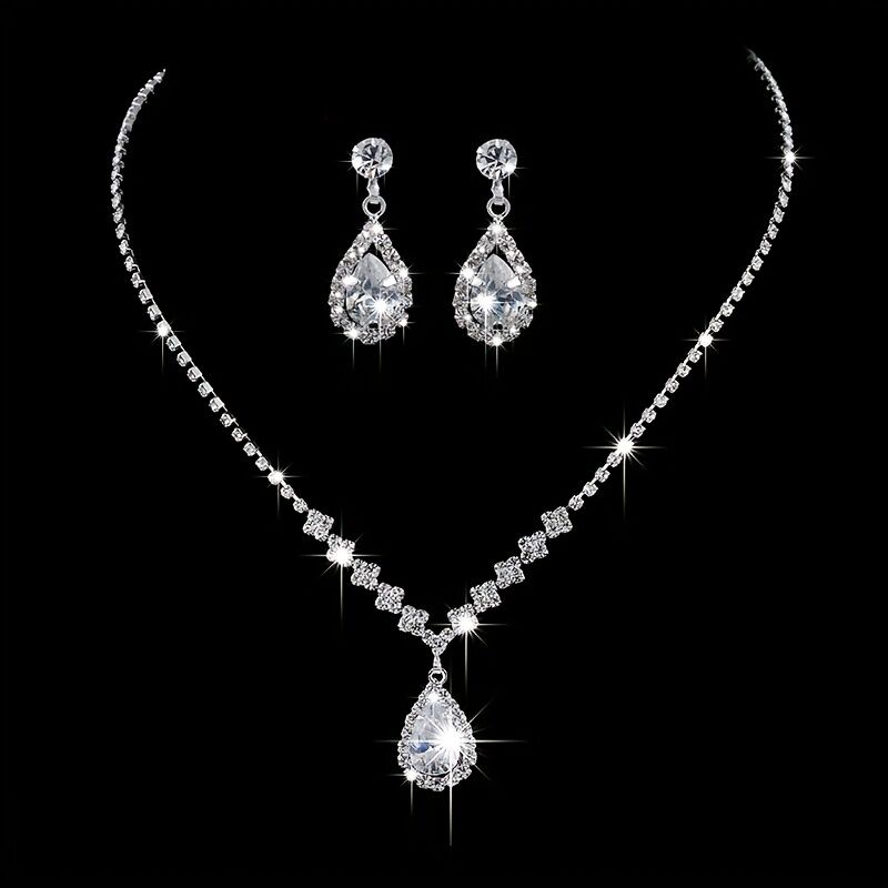 Elegant Teardrop Jewelry Set - Sparkling Necklace and Earrings, adorned with crystal accents, made of alloy, perfect for weddings, parties, and formal events, wedding jewelry. - Image 1
