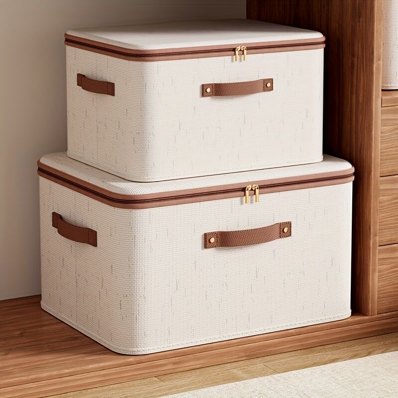 15L Double Zipper Storage Box with Faux Leather Handles | Large Capacity Lidded Basket, Perfect for Storing Clothes, Bedding, and Moving — Ideal for Bedrooms, Dorms, Studies, Wardrobes, Laundry Baskets, Shelf Bins, and Storage Racks. - Image 1