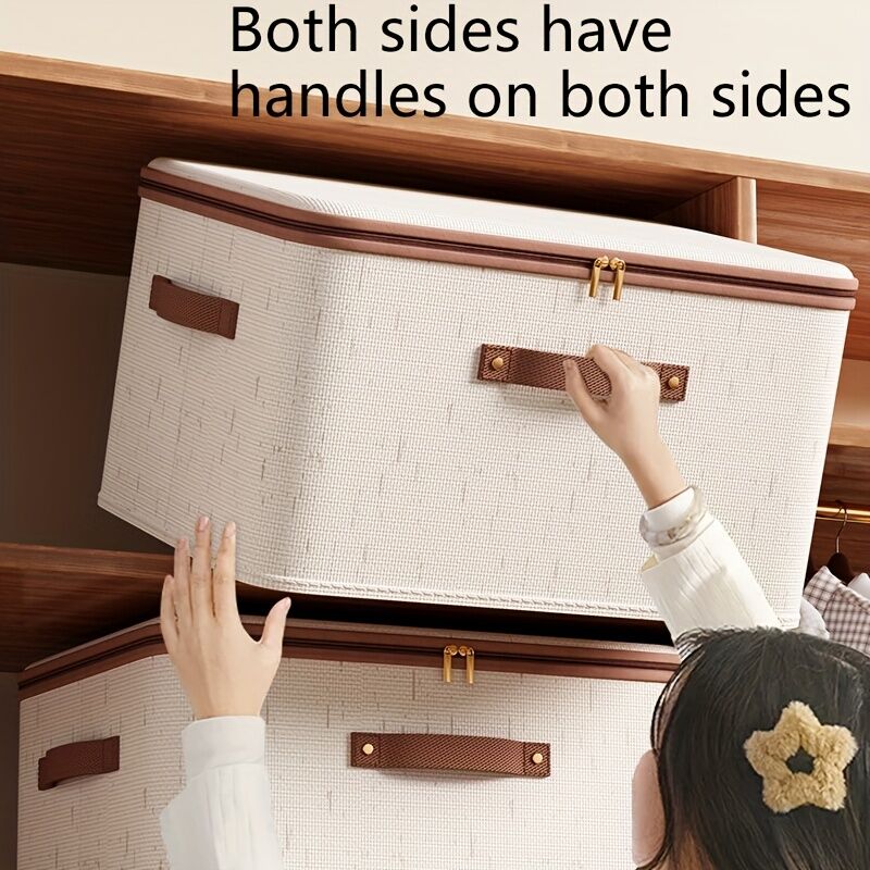 25L Double Zipper Storage Box with Faux Leather Handles | Large Capacity Lidded Basket, Perfect for Storing Clothes, Bedding, and Moving — Ideal for Bedrooms, Dorms, Studies, Wardrobes, Laundry Baskets, Shelf Bins, and Storage Racks. - Image 1