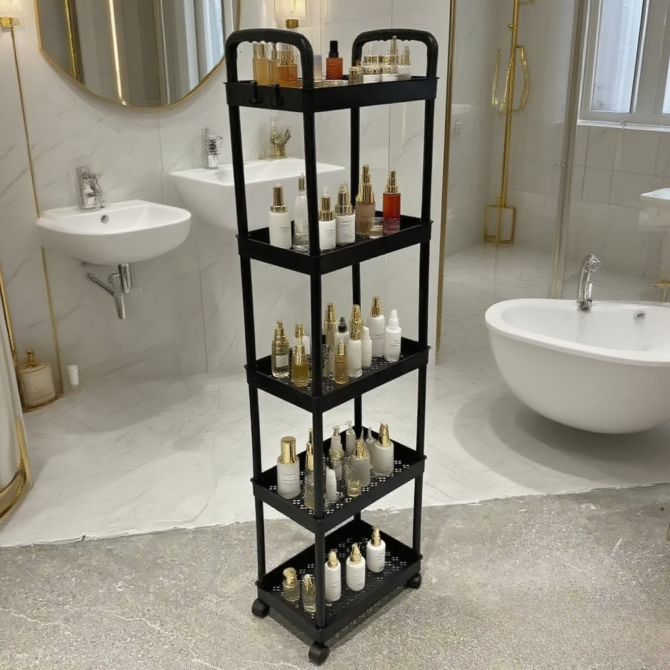 Five-Tier Rolling Cosmetics Storage Rack - Made of durable plastic, equipped with 360-degree swivel casters, strong load-bearing capacity - Suitable for bathroom, bedroom, kitchen, and home storage | BLACK - Image 1