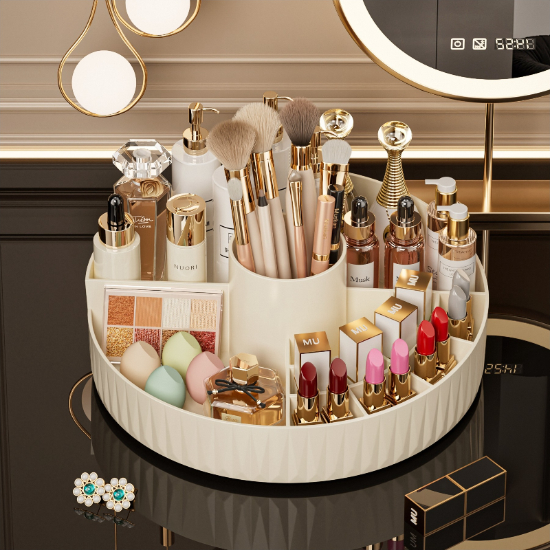Rotatable Luxury Cosmetic Organizer Desk Large Capacity Skincare Storage Shelf Vanity Tidy Tray Cosmetic Storage Box（cream color） - Image 1