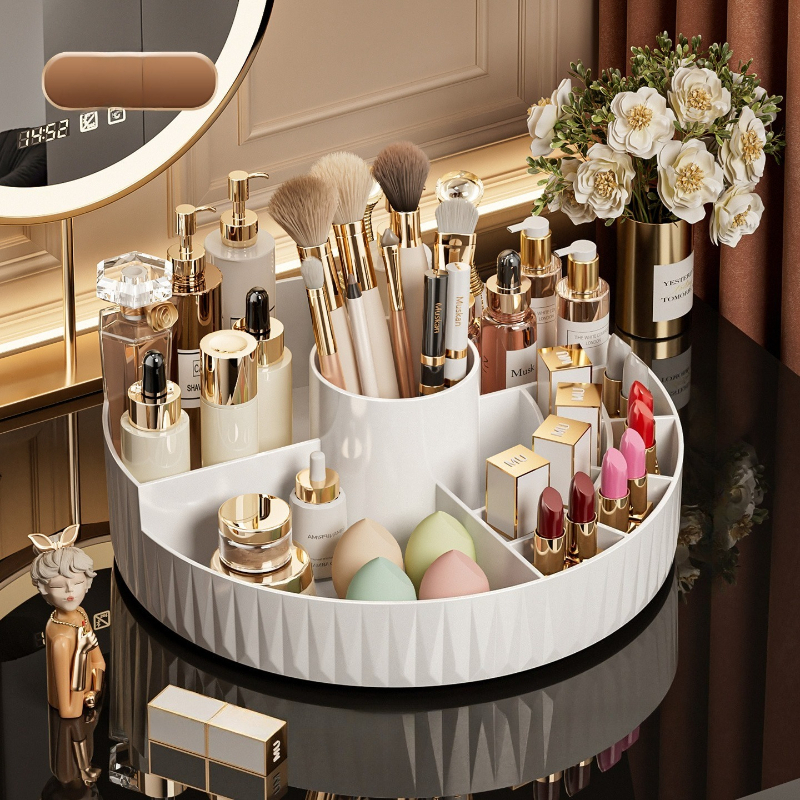 Rotatable Luxury Cosmetic Organizer Desk Large Capacity Skincare Storage Shelf Vanity Tidy Tray Cosmetic Storage Box（cream color） - Image 2