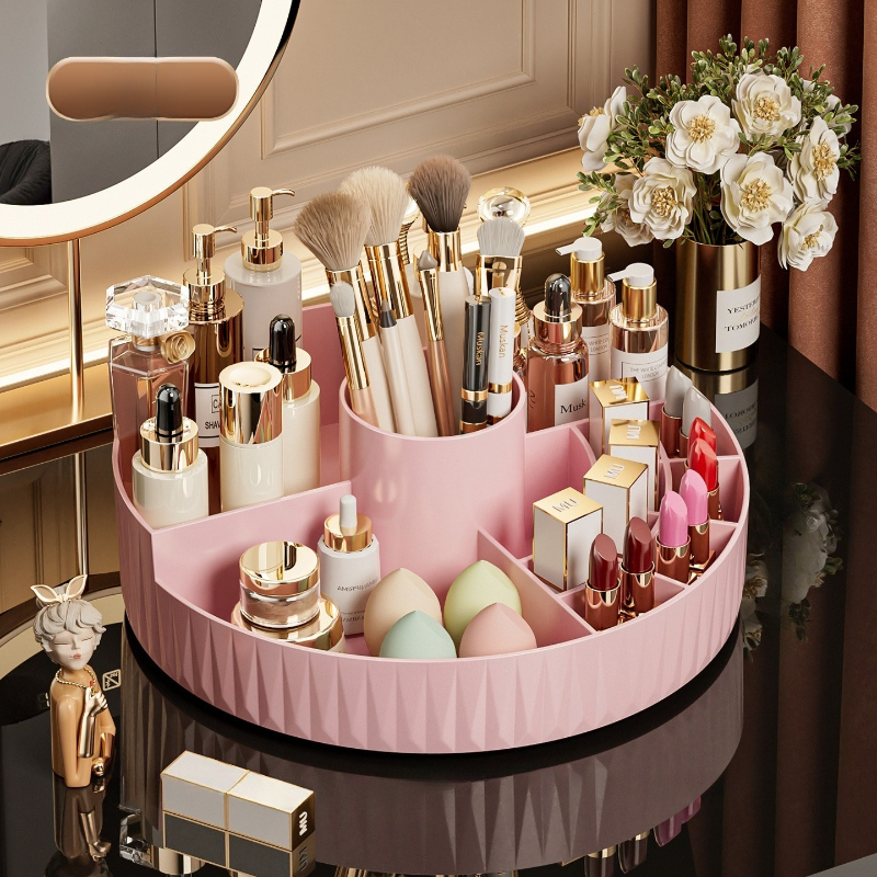 Rotatable Luxury Cosmetic Organizer Desk Large Capacity Skincare Storage Shelf Vanity Tidy Tray Cosmetic Storage Box（cream color） - Image 3