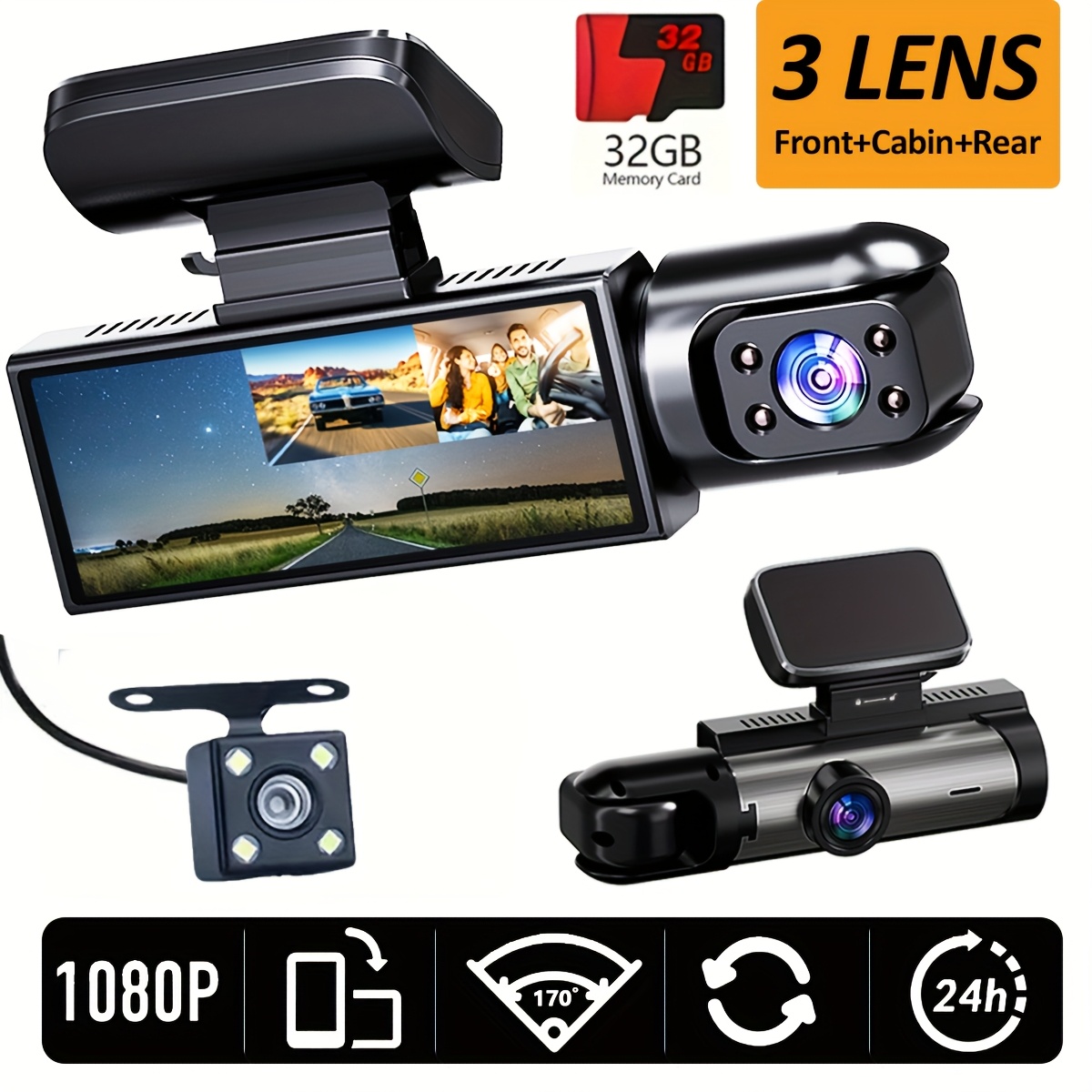 Super Memory Triple Cam Dash Cam! 32GB storage + 1080P HD triple lens, 170° panoramic coverage of front, cabin, and rear, 24/7 protection for your safe journey. - Image 1