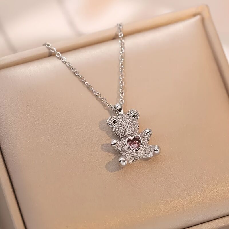 A delicate and adorable pink heart-shaped bear pendant copper necklace, adorned with synthetic zirconia, paired with a stainless steel chain, decorated with synthetic zirconia, perfect as a daily jewelry gift or a sweet and cute party accessory.（silver）） - Image 1