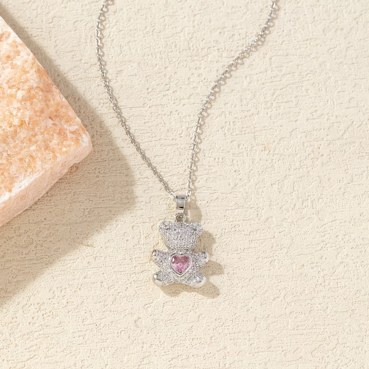 A delicate and adorable pink heart-shaped bear pendant copper necklace, adorned with synthetic zirconia, paired with a stainless steel chain, decorated with synthetic zirconia, perfect as a daily jewelry gift or a sweet and cute party accessory.（silver）） - Image 2