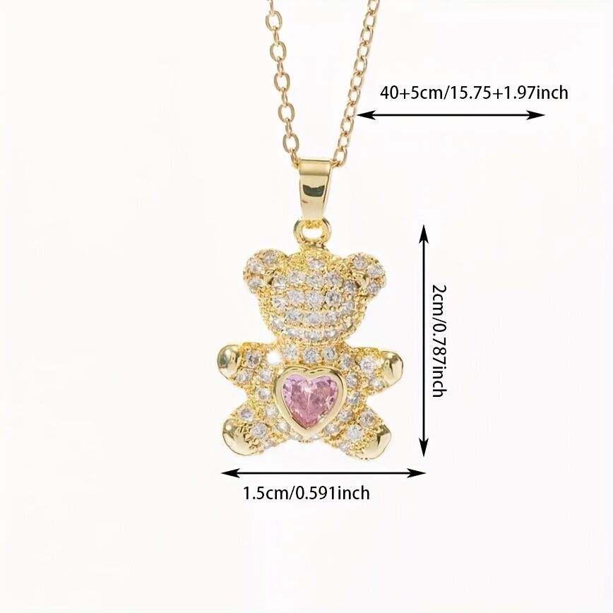A delicate and adorable pink heart-shaped bear pendant copper necklace, adorned with synthetic zirconia, paired with a stainless steel chain, decorated with synthetic zirconia, perfect as a daily jewelry gift or a sweet and cute party accessory.（silver）） - Image 6
