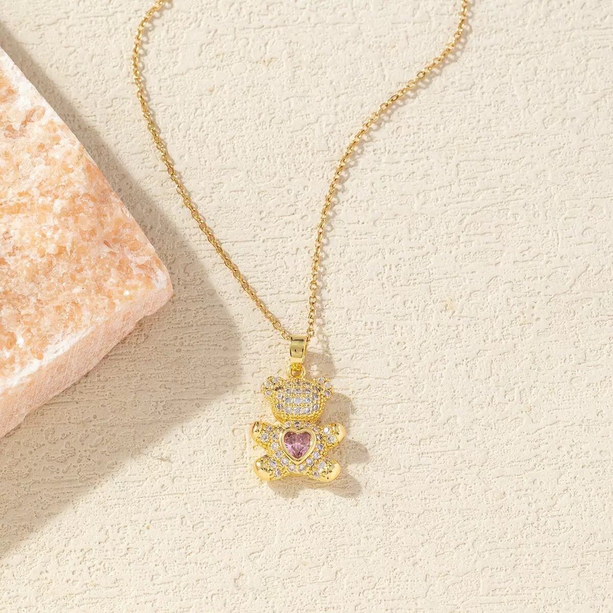 A delicate and adorable pink heart-shaped bear pendant copper necklace, adorned with synthetic zirconia, paired with a stainless steel chain, decorated with synthetic zirconia, perfect as a daily jewelry gift or a sweet and cute party accessory.（silver）） - Image 8