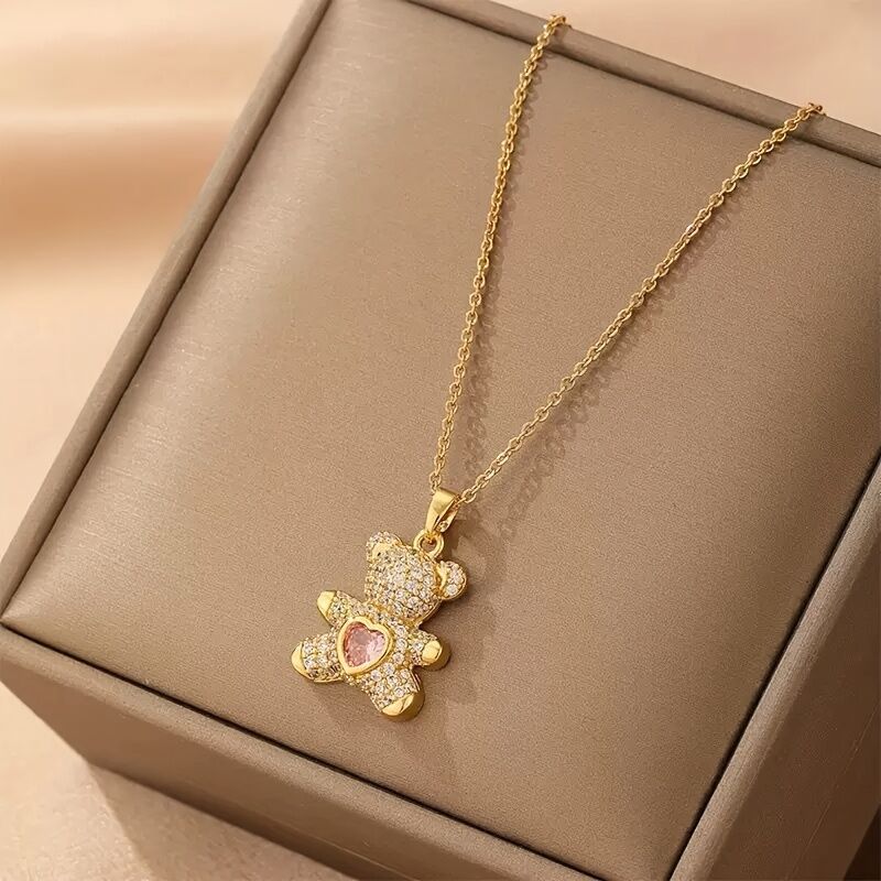 A delicate and adorable pink heart-shaped bear pendant copper necklace, adorned with synthetic zirconia, paired with a stainless steel chain, decorated with synthetic zirconia, perfect as a daily jewelry gift or a sweet and cute party accessory.（gold）） - Image 5