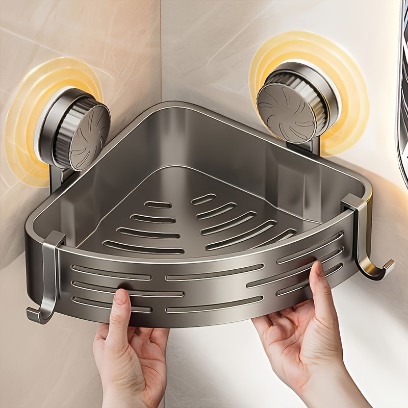 Space-Saving Suction Cup Bathroom Storage Rack | No Drilling Required, Strong Triangular Storage Shelf with Hooks, Suitable for Shower and Bathroom Walls/Tiles, Multi-Functional Organizer, All-Season Use, Bathroom Organization, Bathroom Accessories - Image 1
