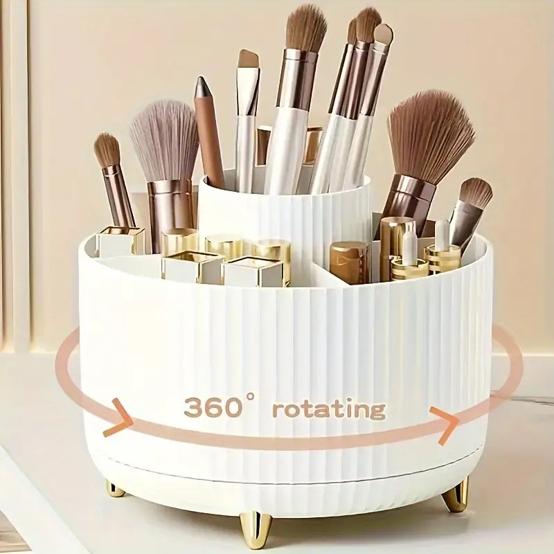 360° Rotating Multi-Compartment Makeup Brush Holder: Luxurious Vertical Texture with Golden Feet Design, Scientifically Organized Storage, One Cylinder to Tidy Your Vanity Table(White)) - Image 1