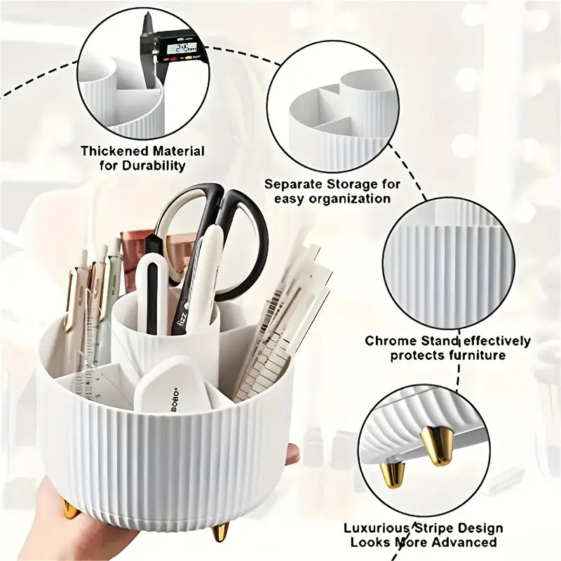 360° Rotating Multi-Compartment Makeup Brush Holder: Luxurious Vertical Texture with Golden Feet Design, Scientifically Organized Storage, One Cylinder to Tidy Your Vanity Table(White)) - Image 7