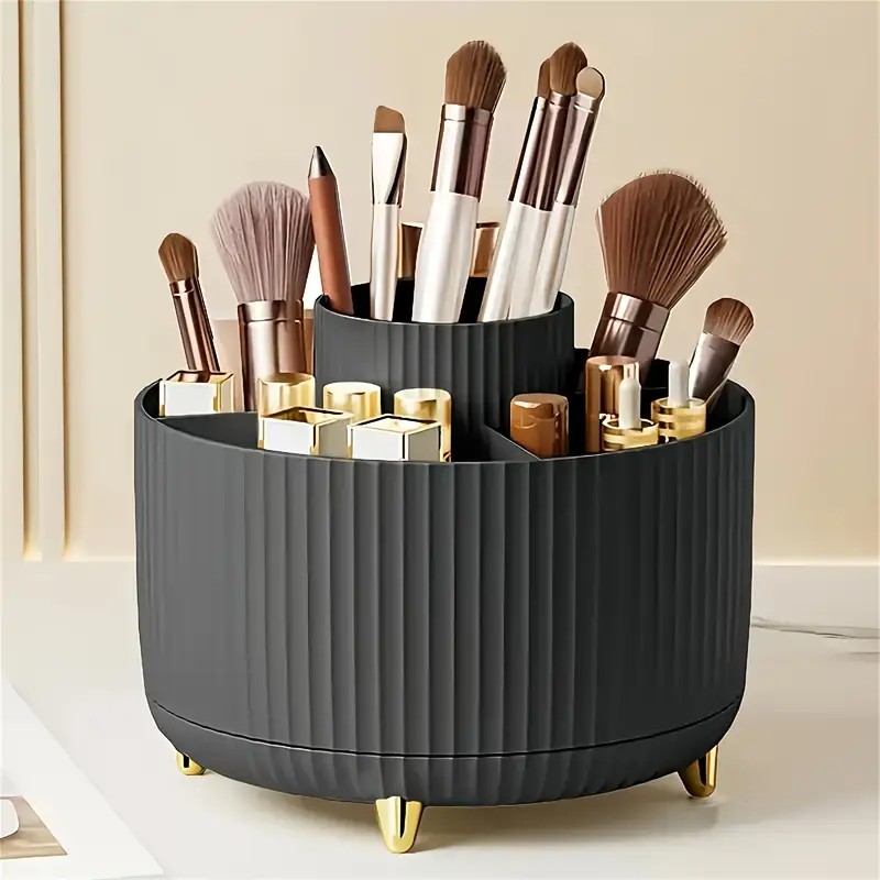 360° Rotating Multi-Compartment Makeup Brush Holder: Luxurious Vertical Texture with Golden Feet Design, Scientifically Organized Storage, One Cylinder to Tidy Your Vanity Table.(Black) - Image 1