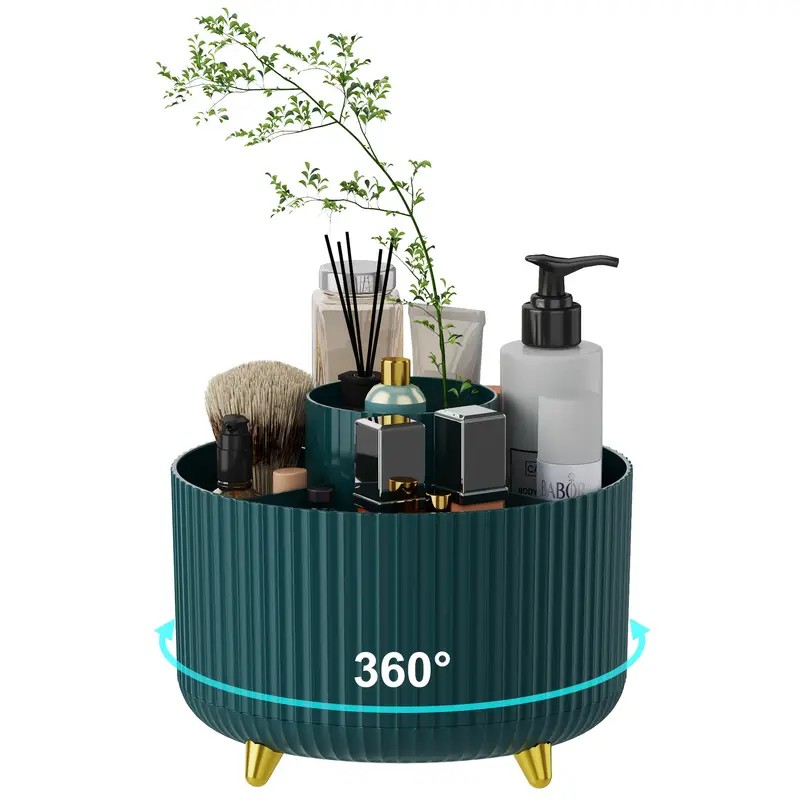 360° Rotating Multi-Compartment Makeup Brush Holder: Luxurious Vertical Texture with Golden Feet Design, Scientifically Organized Storage, One Cylinder to Tidy Your Vanity Table.(Green) - Image 1